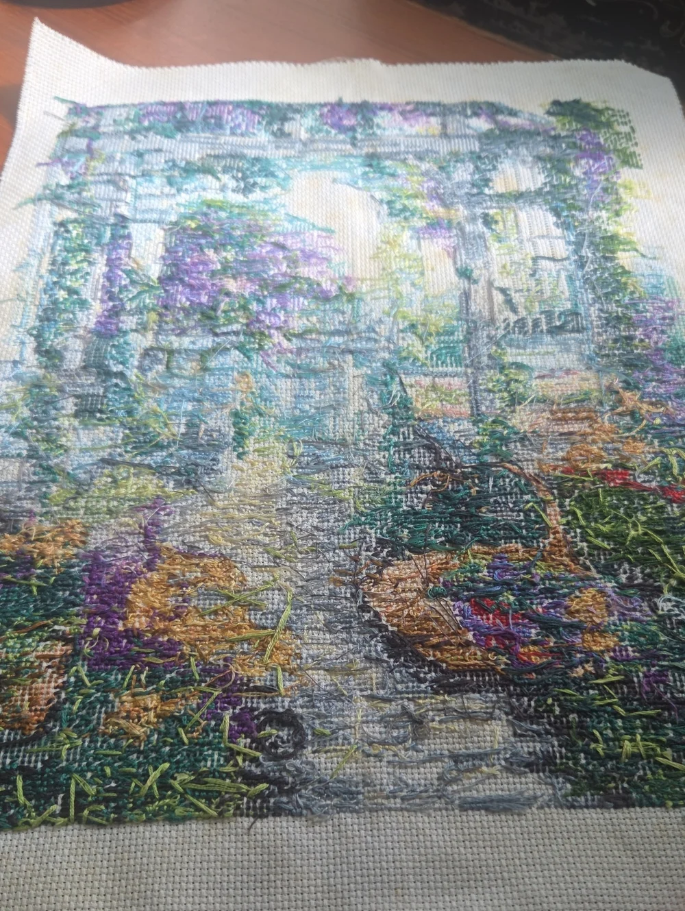 Hand-Embroidered Garden Scene Wall Art - Purple, Green, Yellow